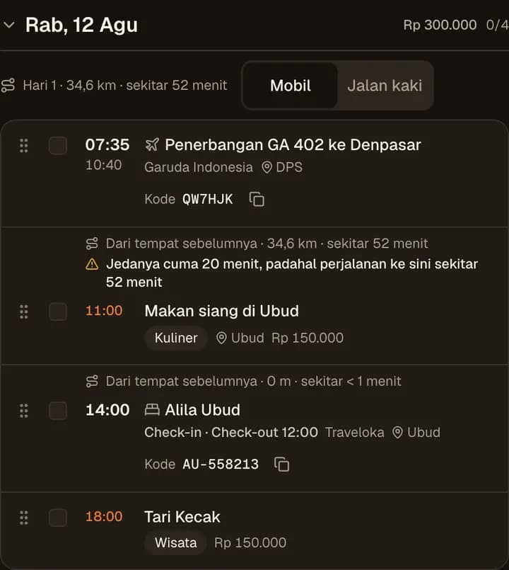 Jadwal hari pertama contoh trip ke Bali di Movin, dengan tanda kuning karena jeda sesudah mendarat terlalu pendek