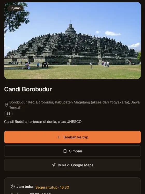 Halaman Candi Borobudur di Jelajahi, dengan jam buka dan keterangan sedang buka