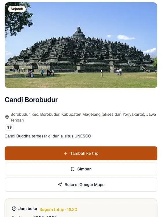 Halaman Candi Borobudur di Jelajahi, dengan jam buka dan keterangan sedang buka